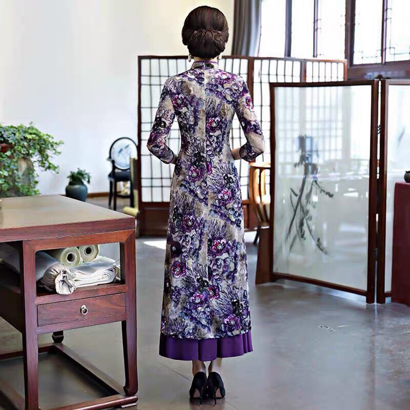 Đầm Cổ Tàu Hoa Tím -HN948